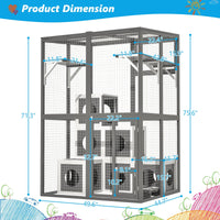 HKM-9430333 Large Outdoor Wooden Cat Catio with Dual Jumping Platforms and Multiple Napping Houses, Weatherproof Walk-in Cat Shelter