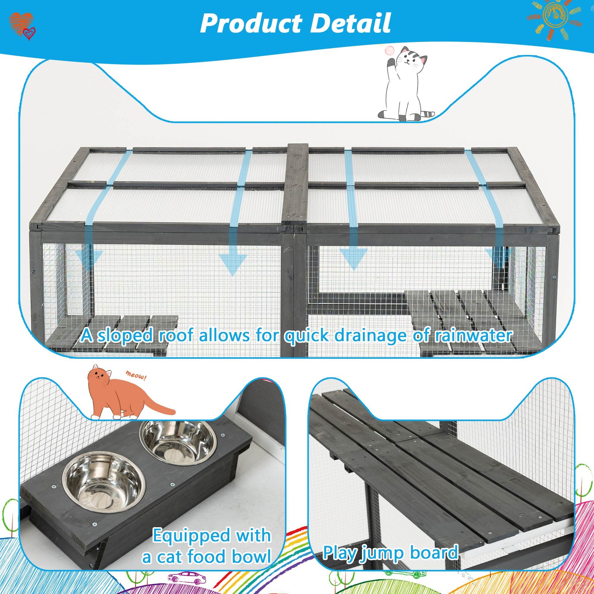HKM-9430333 Large Outdoor Wooden Cat Catio with Dual Jumping Platforms and Multiple Napping Houses, Weatherproof Walk-in Cat Shelter