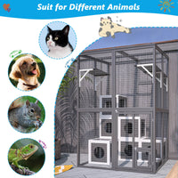HKM-9430333 Large Outdoor Wooden Cat Catio with Dual Jumping Platforms and Multiple Napping Houses, Weatherproof Walk-in Cat Shelter