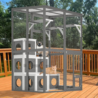 HKM-9430333 Large Outdoor Wooden Cat Catio with Dual Jumping Platforms and Multiple Napping Houses, Weatherproof Walk-in Cat Shelter