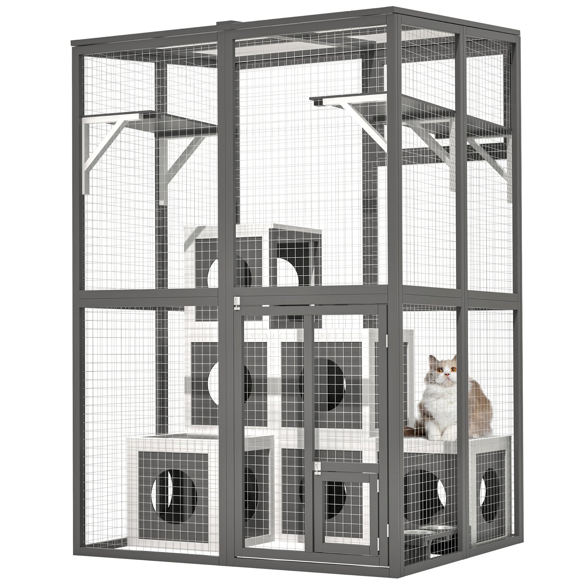 HKM-9430333 Large Outdoor Wooden Cat Catio with Dual Jumping Platforms and Multiple Napping Houses, Weatherproof Walk-in Cat Shelter