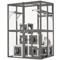 HKM-9430333 Large Outdoor Wooden Cat Catio with Dual Jumping Platforms and Multiple Napping Houses, Weatherproof Walk-in Cat Shelter