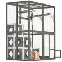 HKM-9430333 Large Outdoor Wooden Cat Catio with Dual Jumping Platforms and Multiple Napping Houses, Weatherproof Walk-in Cat Shelter