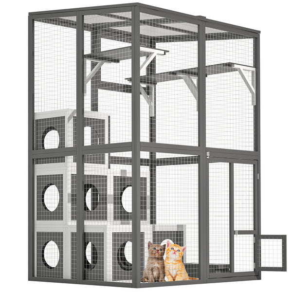 HKM-9430333 Large Outdoor Wooden Cat Catio with Dual Jumping Platforms and Multiple Napping Houses, Weatherproof Walk-in Cat Shelter