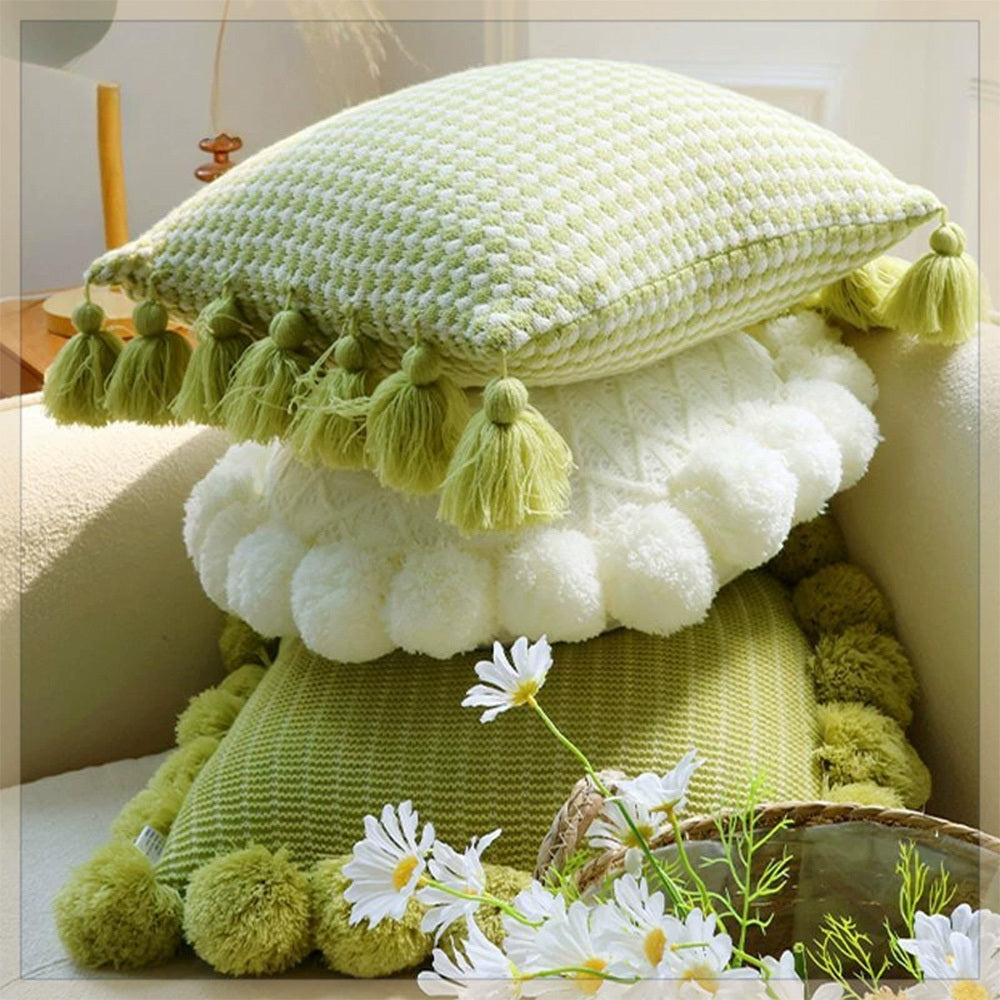 HKM-943123 Mint Green Textile Knitting Cushion Cover with Tassels - Modern Round Pillow for Living Room or Bedroom