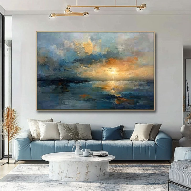 HKM-943251 Handmade Oil Painting Canvas - Sunset Over the Sea Abstract Landscape Art for Home Decor