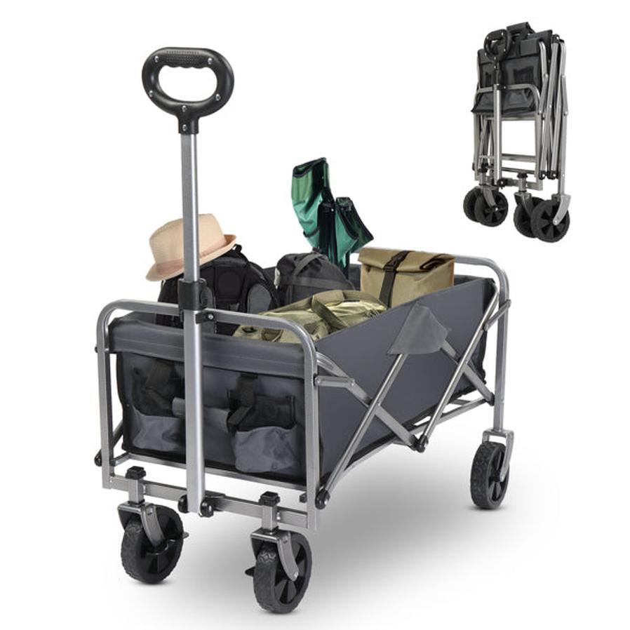 HKM-943507 Compact Garden Folding Cart with Grey Cloth and Silver Frame, 600D Oxford Fabric, Steel Frame, Flat Fold, 220lbs Capacity