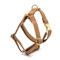 HKM-943635 Brown Corduroy Pet Collar Set with Gold Buckle, Bow, Rope, Chest Harness, and Waste Bag