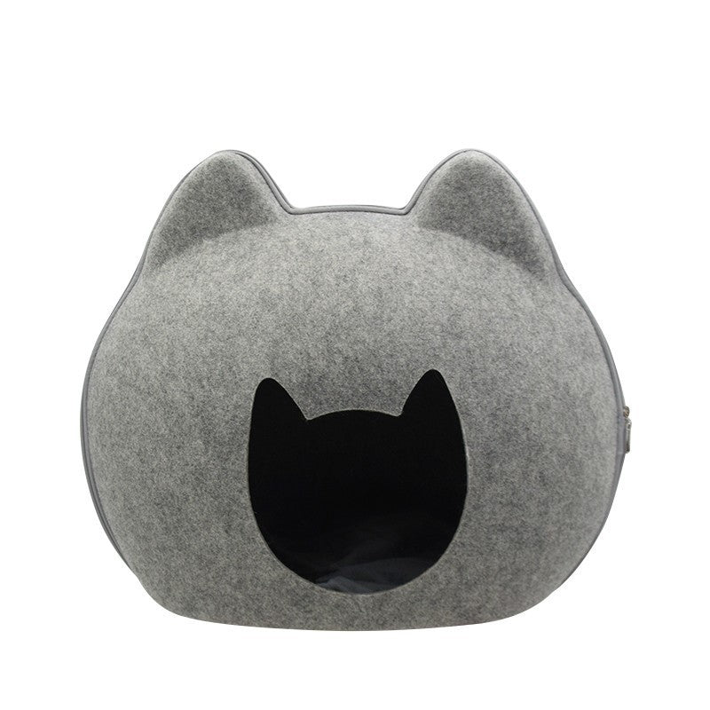 HKM-9436477 Enclosed Cat House with Litter Space - Soft Felt Design in Gray, Pink, Brown