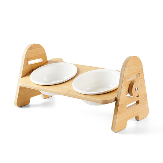HKM-943827 Adjustable Solid Wood and Ceramic Cat Bowl with 15° Tilt Design for Enhanced Comfort