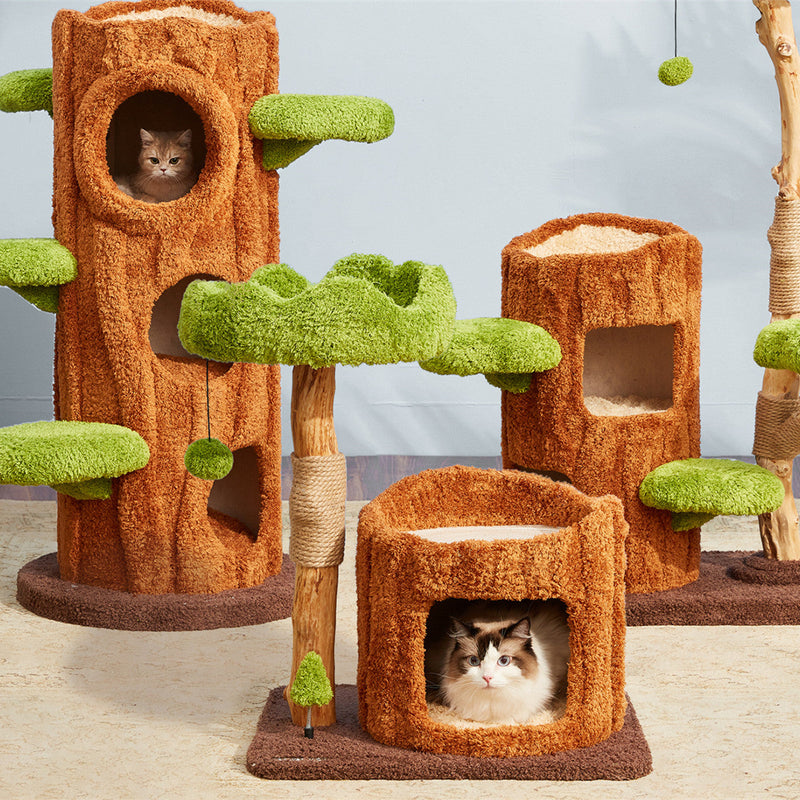 HKM-9441469 Solid Wood Cat Climbing Frame with Integrated Sisal Toy - Multi-Layer Tree House Design