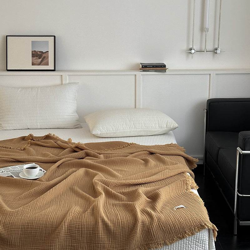 HKM-944467 Pure Cotton Four-Layer Gauze Blanket with Tassels in Solid Colors - 130x170cm, 150x200cm