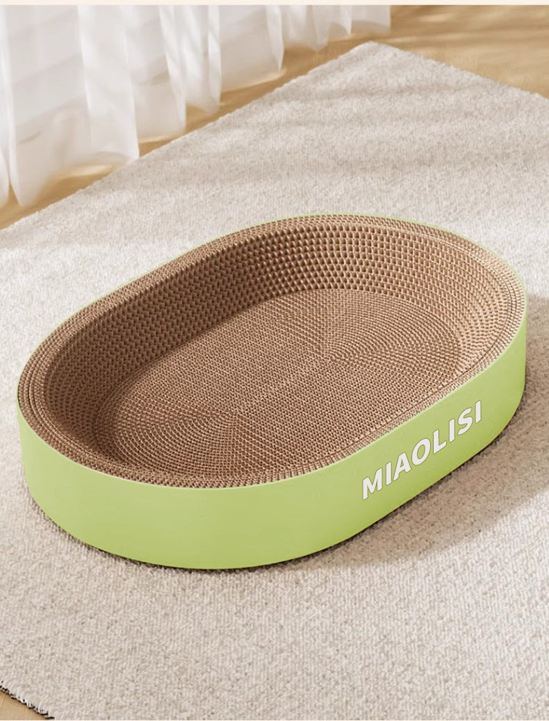 HKM-9447997 Corrugated Paper Cat Nest with Scratch Board - Oval Design in Green and Purple, 55cm Diameter