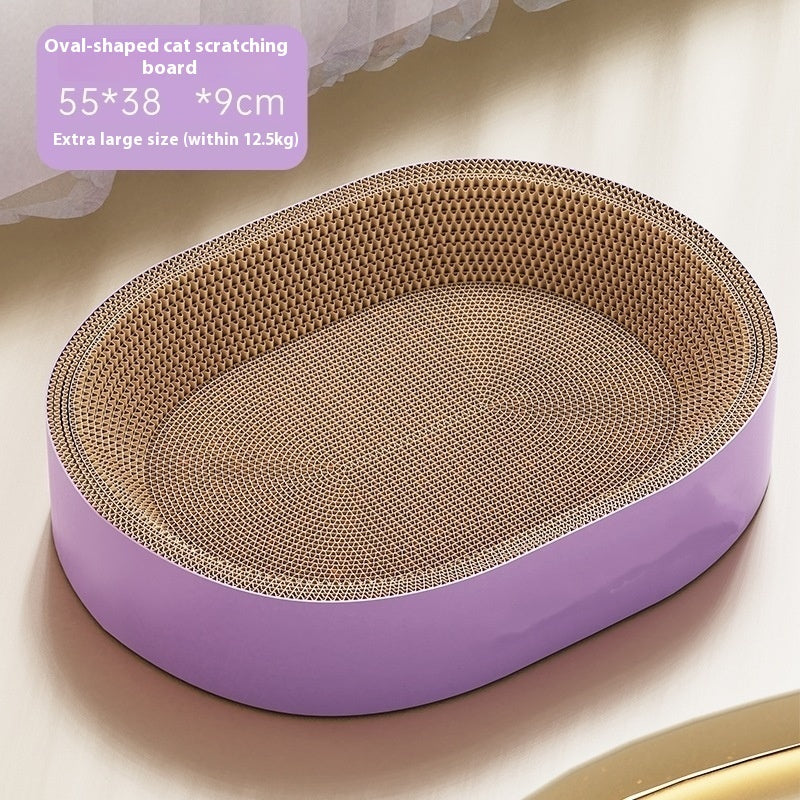 HKM-9447997 Corrugated Paper Cat Nest with Scratch Board - Oval Design in Green and Purple, 55cm Diameter
