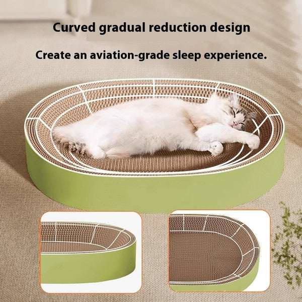 HKM-9447997 Corrugated Paper Cat Nest with Scratch Board - Oval Design in Green and Purple, 55cm Diameter