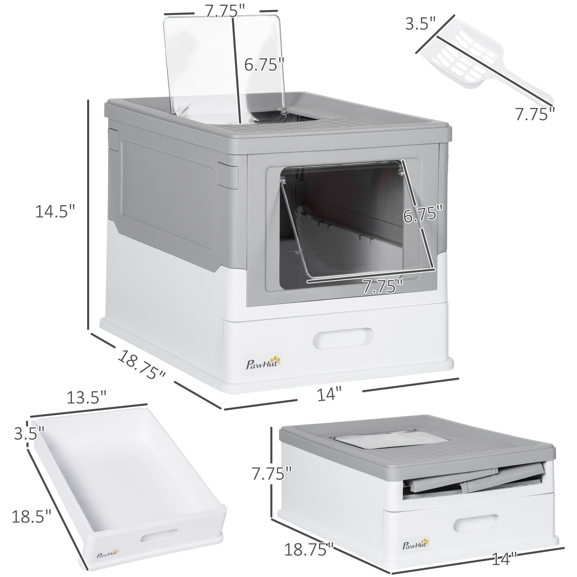 HKM-9449405 Fully Enclosed Cat Litter Box with Top Exit and Pull-Out Tray, Gray & White