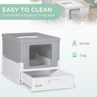 HKM-9449405 Fully Enclosed Cat Litter Box with Top Exit and Pull-Out Tray, Gray & White