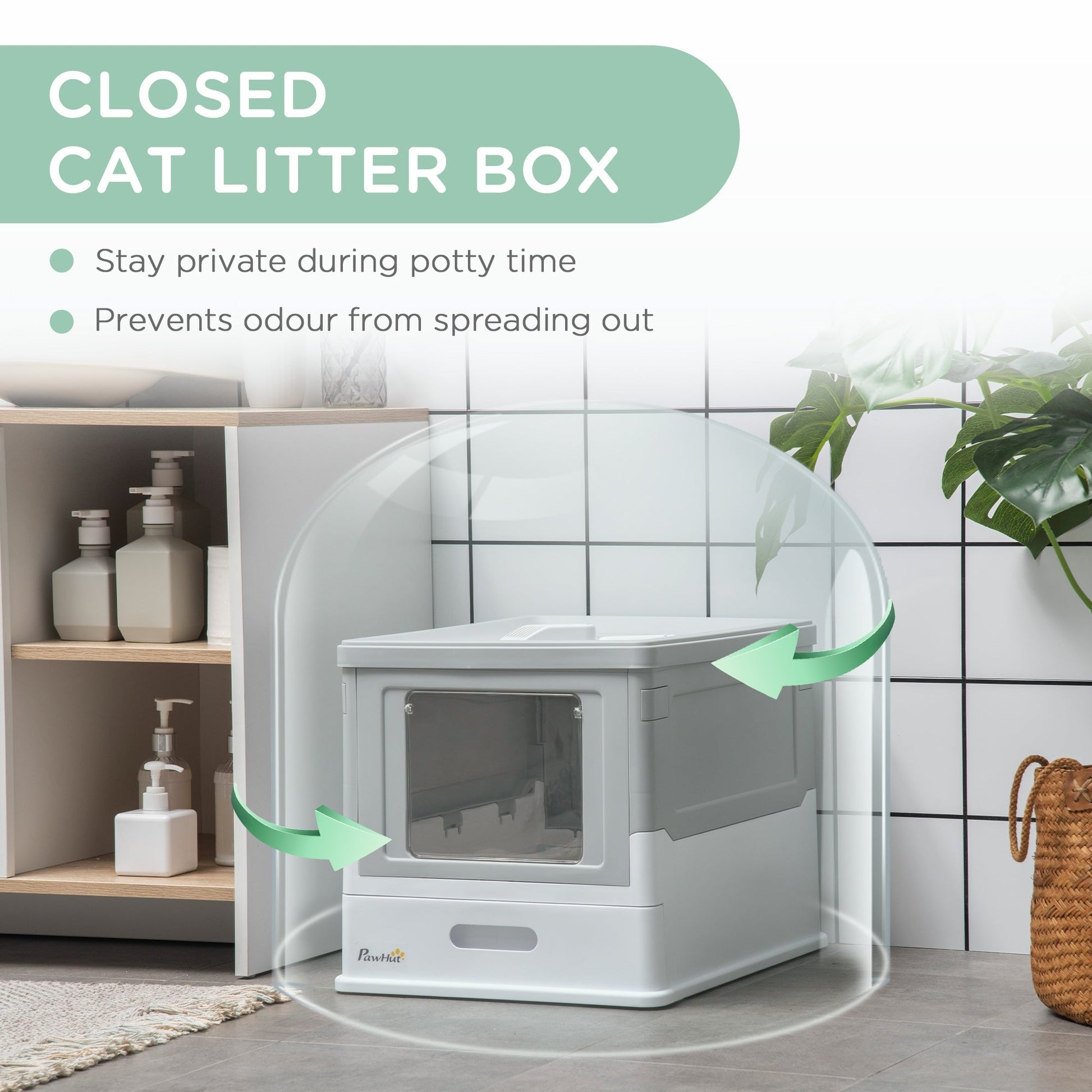 HKM-9449405 Fully Enclosed Cat Litter Box with Top Exit and Pull-Out Tray, Gray & White