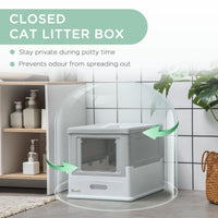 HKM-9449405 Fully Enclosed Cat Litter Box with Top Exit and Pull-Out Tray, Gray & White