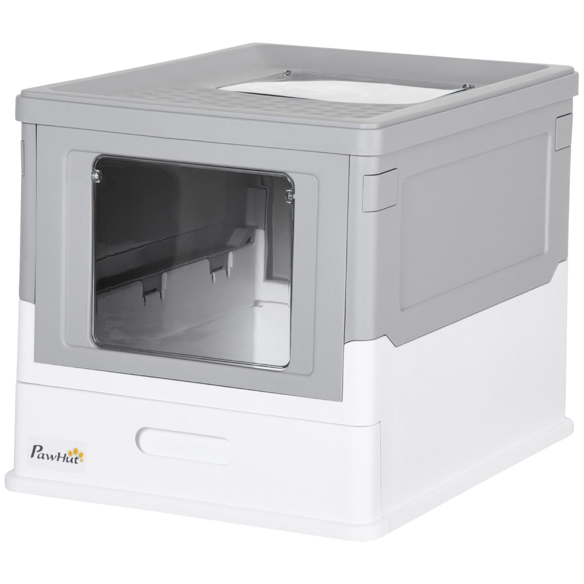 HKM-9449405 Fully Enclosed Cat Litter Box with Top Exit and Pull-Out Tray, Gray & White