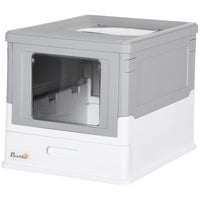 HKM-9449405 Fully Enclosed Cat Litter Box with Top Exit and Pull-Out Tray, Gray & White