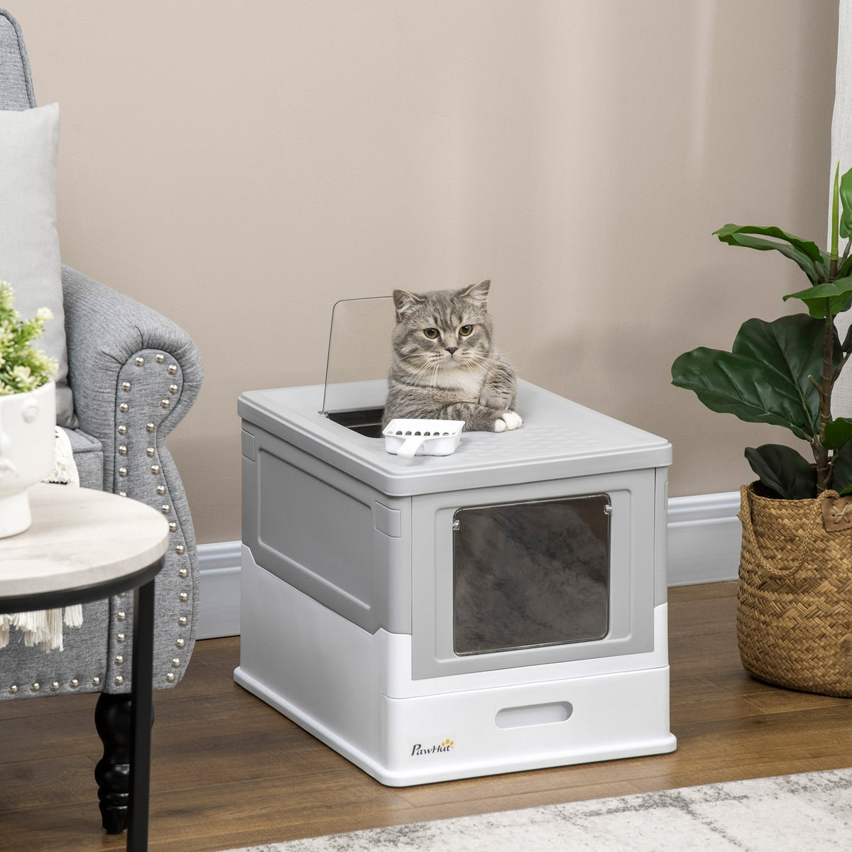 HKM-9449405 Fully Enclosed Cat Litter Box with Top Exit and Pull-Out Tray, Gray & White