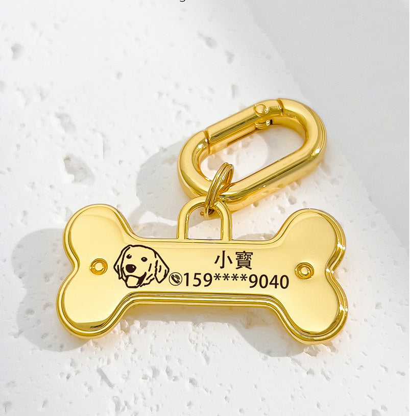 HKM-9449789 Engraved Gold Bone Dog Identification Tag ¨C Durable Alloy Pet ID Card