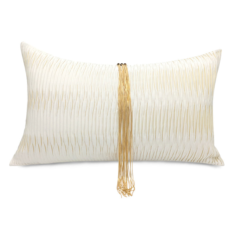 HKM-945299 Pearl White Cotton Tassel Throw Pillow - Modern Decorative Waist Cushion 30x50cm