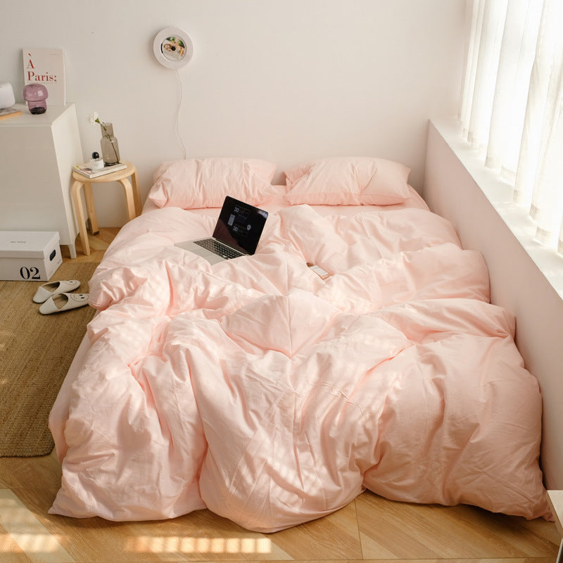 HKM-945427 Solid Color Washed Cotton Quilt Cover Set - Includes Pillowcase, Fitted Sheet, Flat Sheet