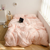 HKM-945427 Solid Color Washed Cotton Quilt Cover Set - Includes Pillowcase, Fitted Sheet, Flat Sheet