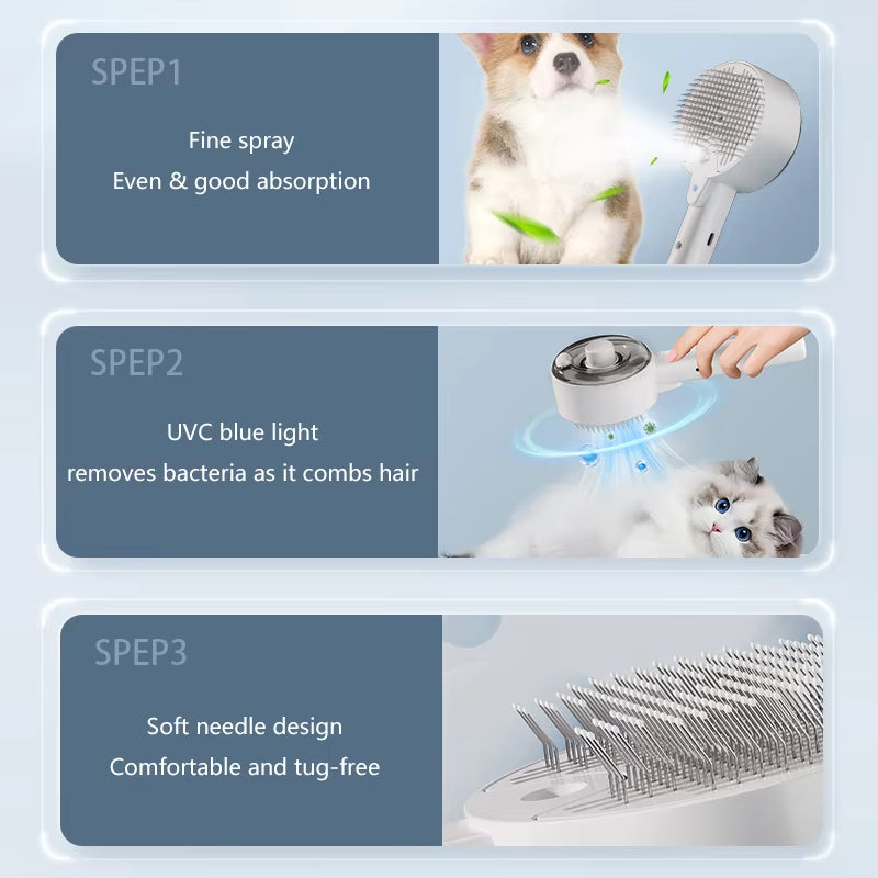HKM-9455293 Electric Pet Grooming Brush with Steam Massage and Shedding Sprayer Tool