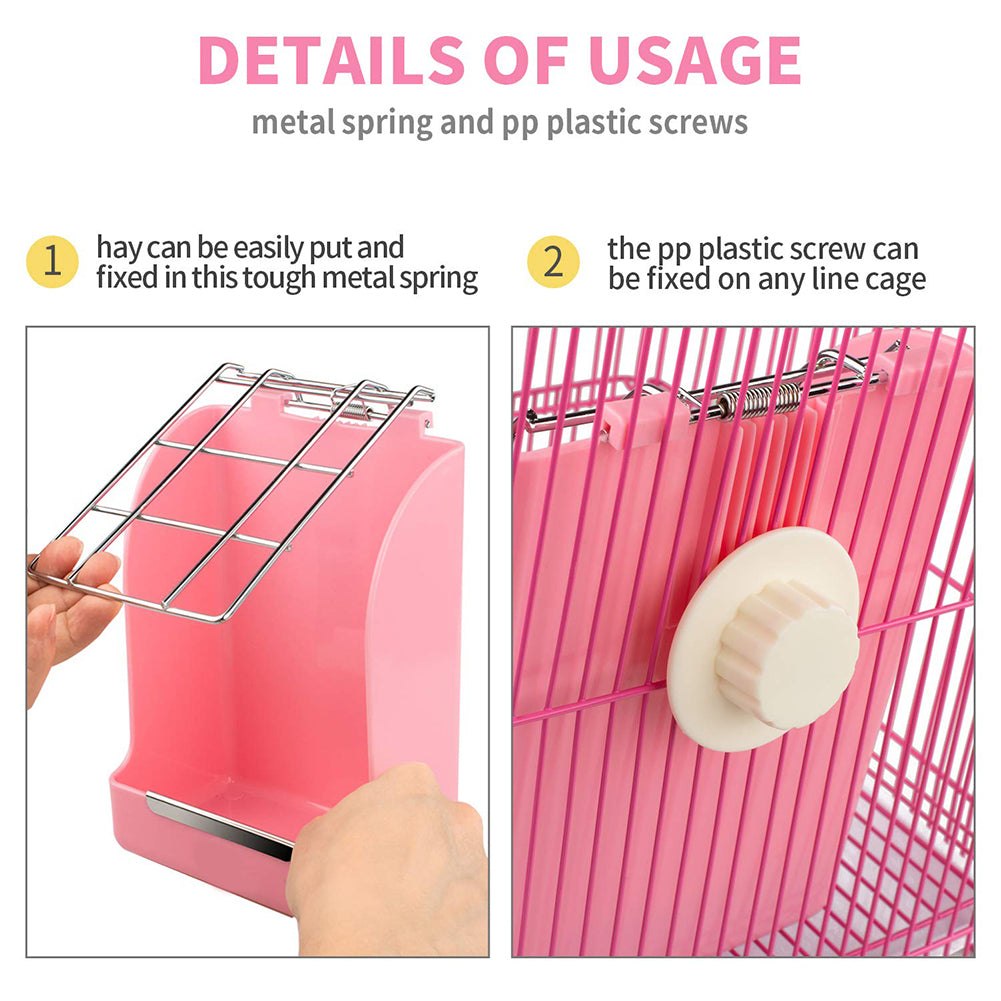HKM-9455933 Small Animal Spring Grass Feeder for Rabbits and Guinea Pigs, Anti-Bite Plastic and Galvanized Mesh, 18cm x 14cm x 9cm