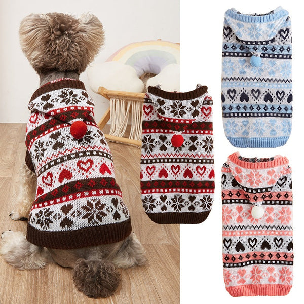 HKM-9457469 Warm Knitted Dog Sweater with Snowflake Love Stripes in Pink, Blue, Gray - for All Sizes