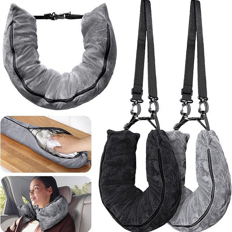 HKM-945747 Portable Refillable U-Shaped Travel Pillow with Luggage Storage, 75x17cm in Black, Gray, Blue, Pink