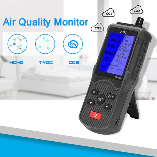 HKM-945811 Air Quality Tester with LCD - CO2, TVOC, HCHO Meter, Thermometer, and Humidity Monitor with Lithium Battery