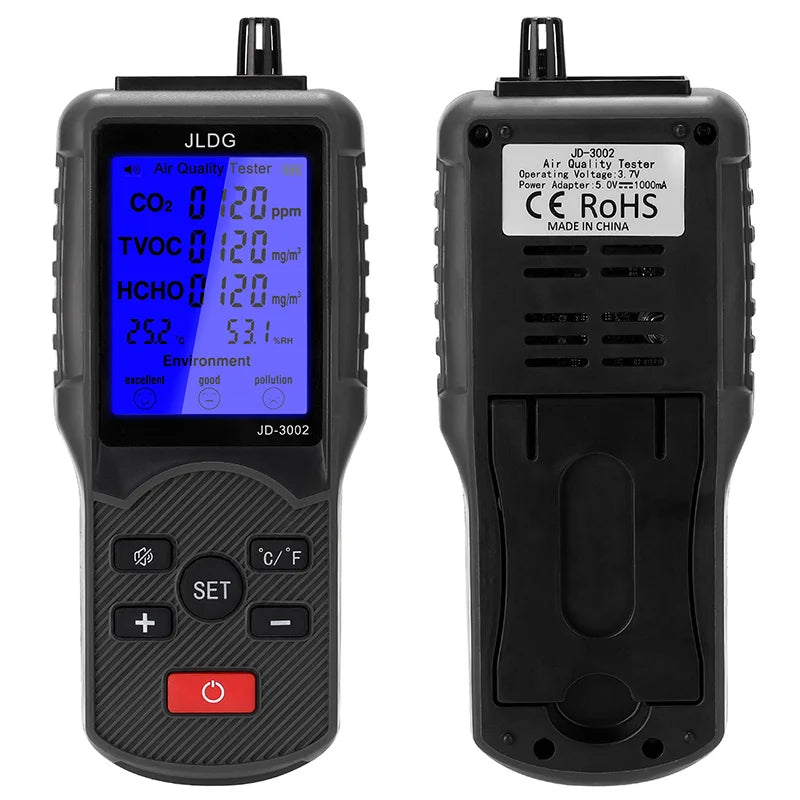 HKM-945811 Air Quality Tester with LCD - CO2, TVOC, HCHO Meter, Thermometer, and Humidity Monitor with Lithium Battery