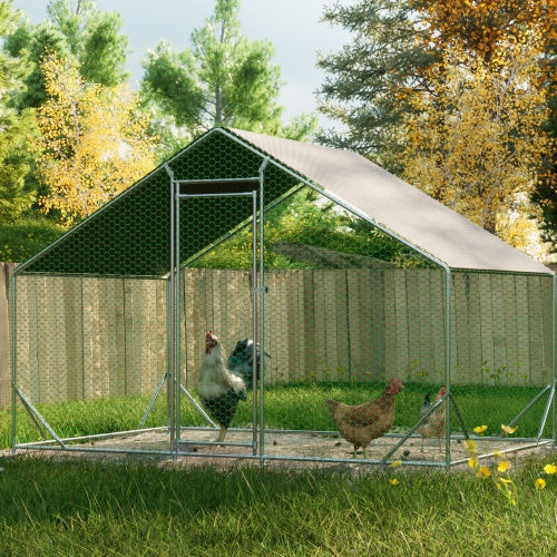 HKM-9463101 Large Walk-In Metal Chicken Coop with Waterproof Cover and Galvanized Wire for Poultry and Small Animals