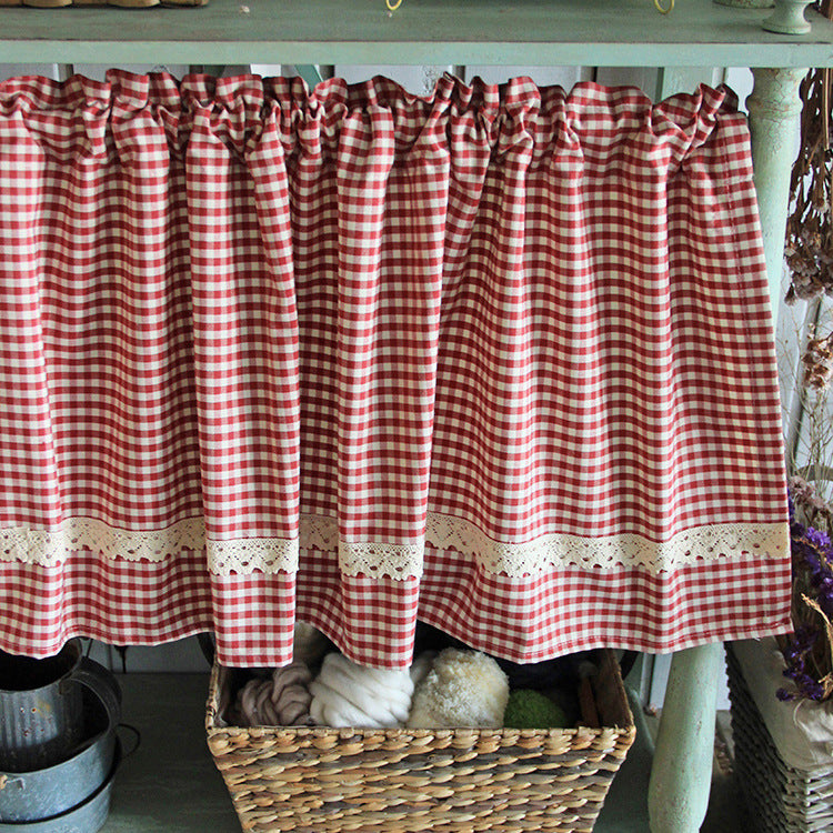 HKM-946323 Tanabe Red and Blue Plaid Lace Ruffled Kitchen and Bathroom Curtains, Various Sizes Available