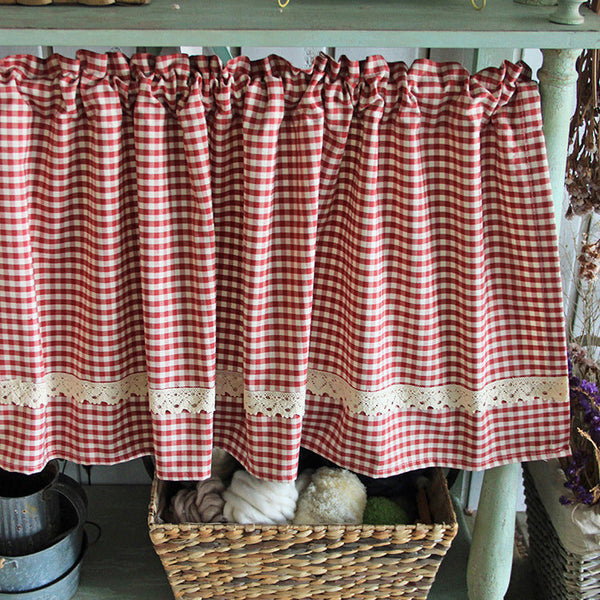 HKM-946323 Tanabe Red and Blue Plaid Lace Ruffled Kitchen and Bathroom Curtains, Various Sizes Available