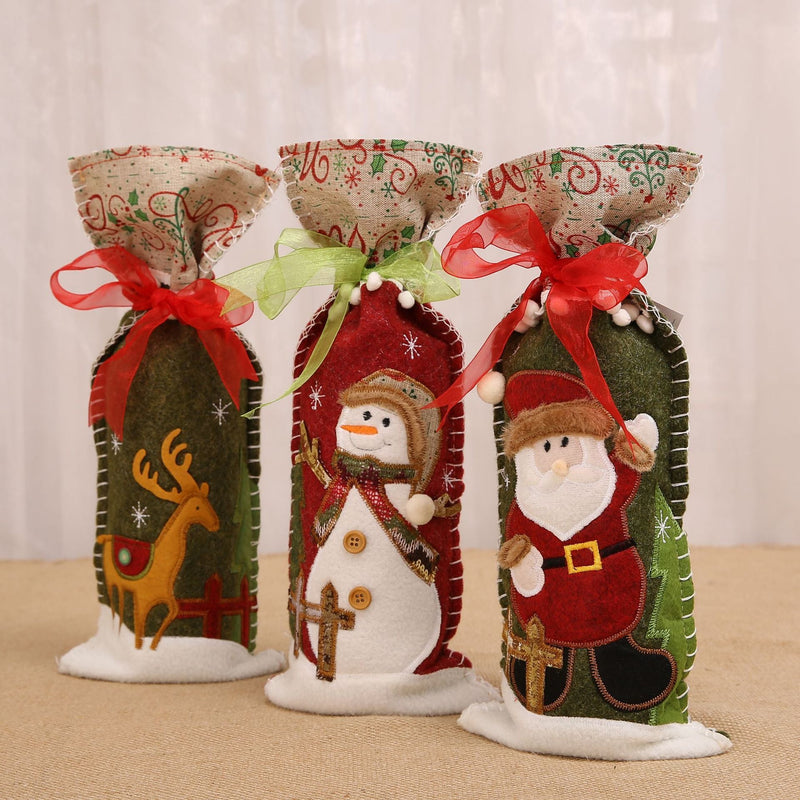 HKM-946387 Festive Wine Bottle Covers with Snowman, Deer, and Santa Designs - Fabric, 34x14.5cm
