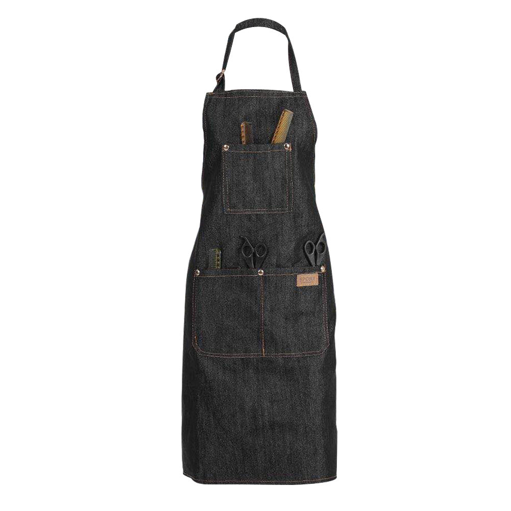 HKM-946579 Vulcanized Black Denim Sleeveless Halterneck Work Apron for Versatile Use