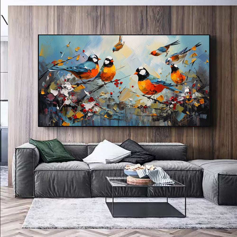 HKM-947859 Hand Painted Kawaii Magpie Oil Painting on Canvas for Modern Living Room Decor