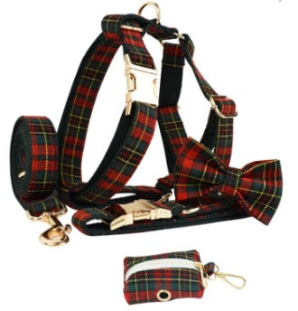 HKM-9486269 Plaid Christmas Dog Collar and Leash Set with Bow and Vest ¨C Green Background for Festive Pets