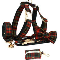 HKM-9486269 Plaid Christmas Dog Collar and Leash Set with Bow and Vest ¨C Green Background for Festive Pets