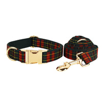 HKM-9486269 Plaid Christmas Dog Collar and Leash Set with Bow and Vest ¨C Green Background for Festive Pets