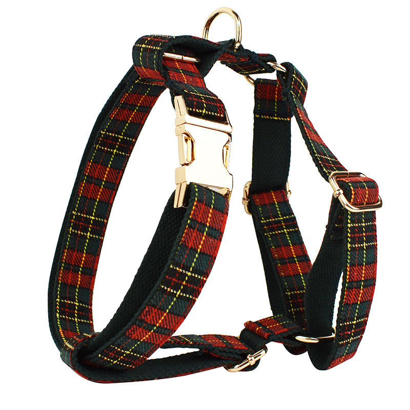 HKM-9486269 Plaid Christmas Dog Collar and Leash Set with Bow and Vest ¨C Green Background for Festive Pets