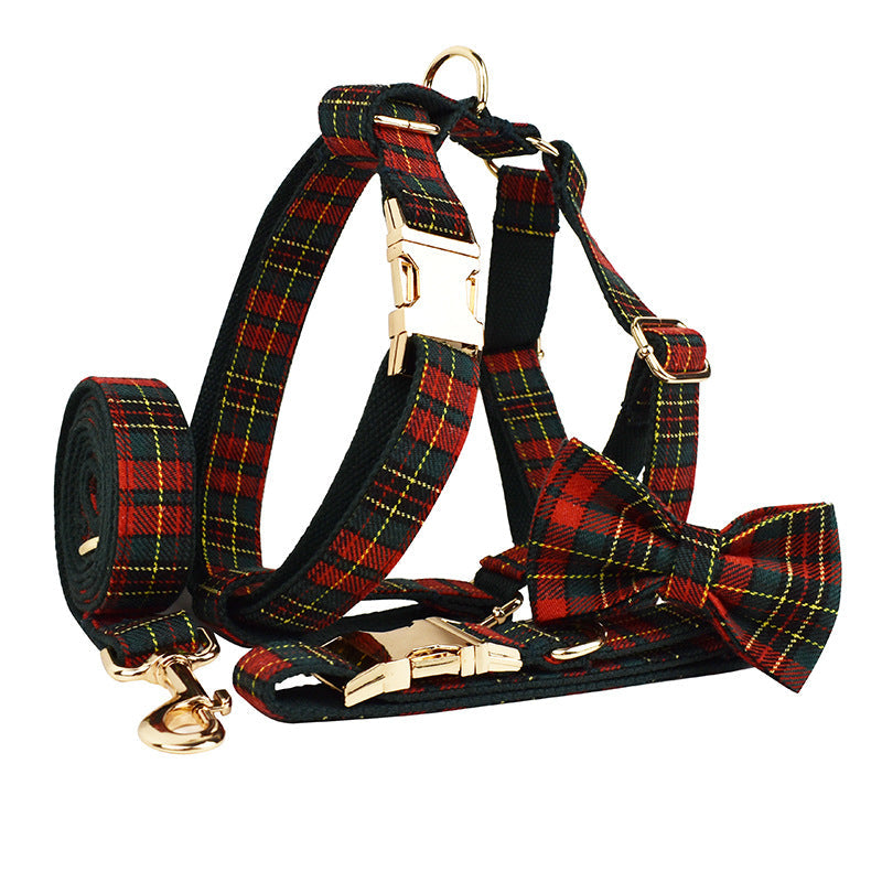 HKM-9486269 Plaid Christmas Dog Collar and Leash Set with Bow and Vest ¨C Green Background for Festive Pets