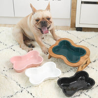 HKM-9486653 Ceramic Anti-Overturning Large Pet Bowl for Dogs and Cats with Wooden Rack