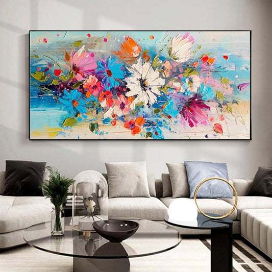 HKM-949011 Large Hand-Painted Oil Canvas Art featuring Colorful Spring Flowers in Blue, Modern Floral Wall Decor