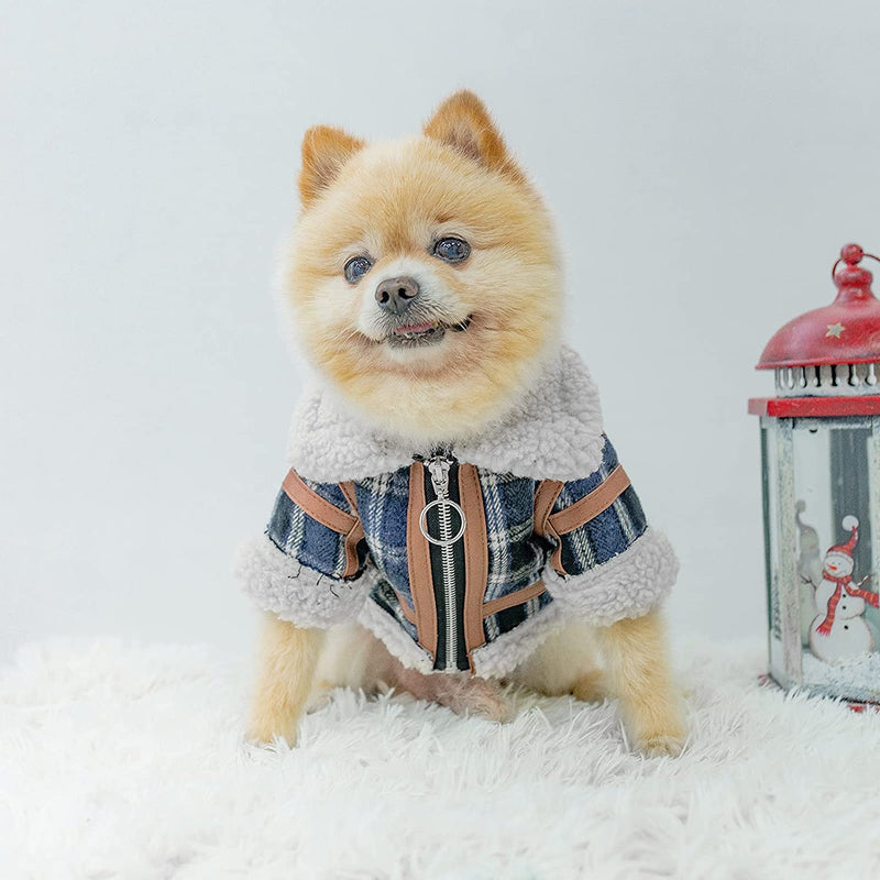 HKM-9491901 Warm Lamb Velvet Plaid Outerwear for Dogs in Blue, Black, and Khaki - Autumn and Winter Styles